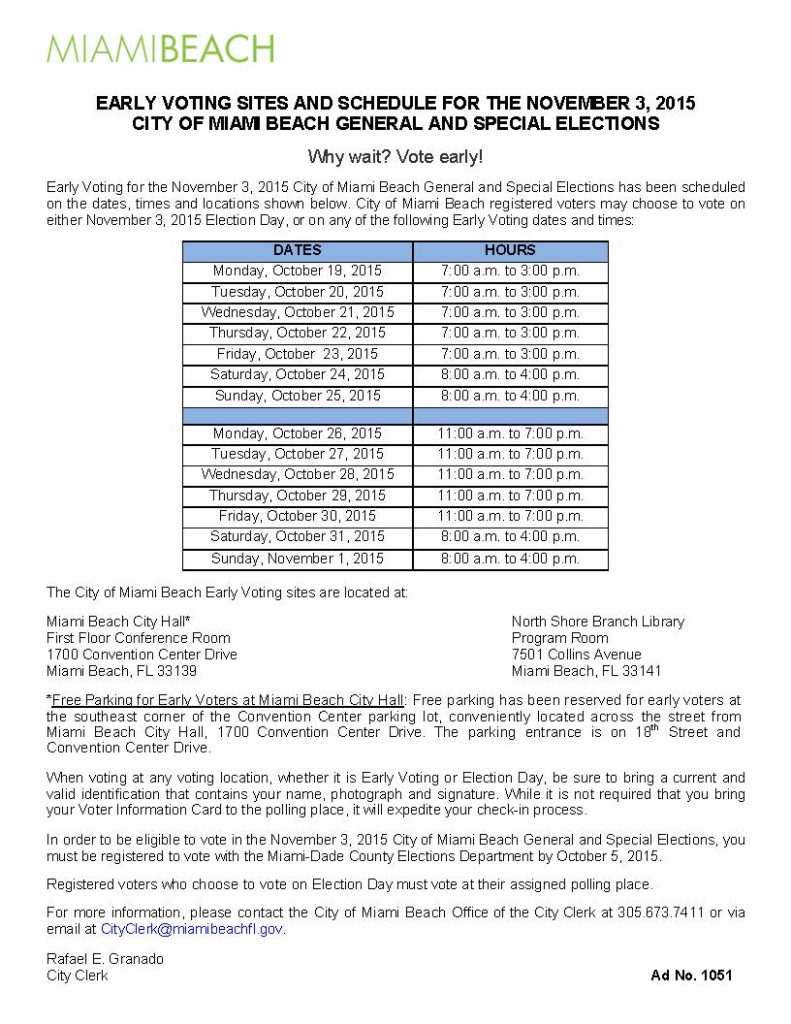 Early Voting Schedule Miami Beach 2015